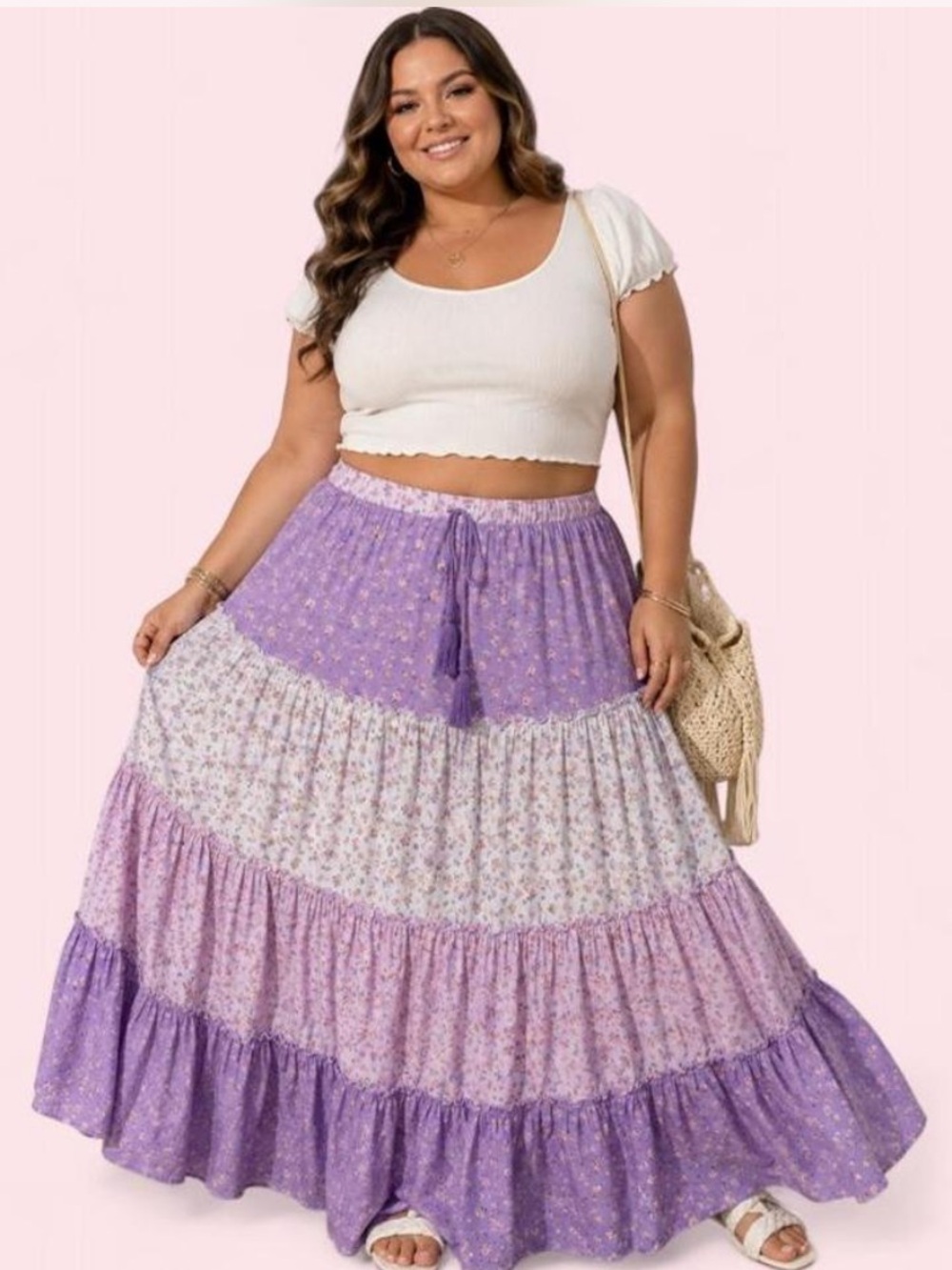 Plus Size Lavender Tiered Maxi Skirt with Drawstring Waist